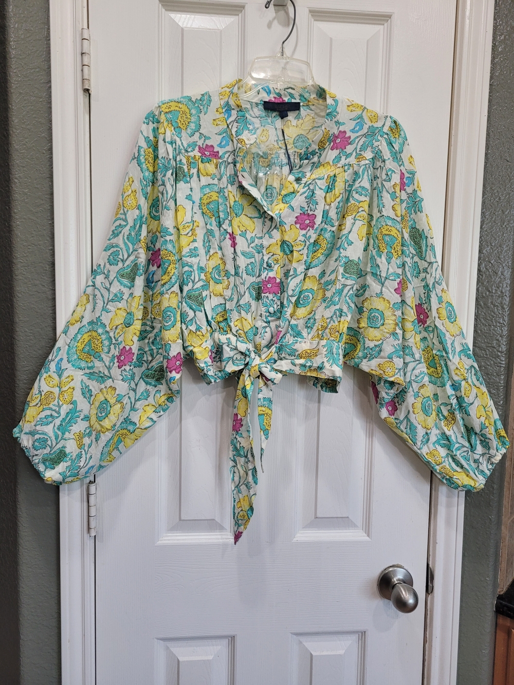 Rachel Roy Floral Tie Front Blouse L NWT Balloon Sleeve Cropped Boho Top - Picture 5 of 10